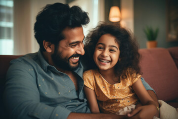 Loving young father of Indian ethnicity and little daughter having a fun time at home