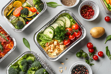 Top view collection of take away foil boxes with healthy food. Generative AI.