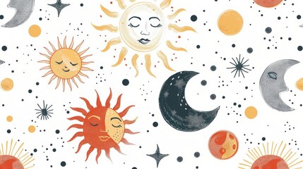 Boho wall décor. Mid century art print. Seamless pattern with sun and moon. Trendy texture for print, textile, packaging.