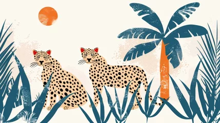 Wandaufkleber Beautiful leopards, sun, palm tree. Modern abstract art. Bohemian style. Mid Century print. Cosmic minimalistic scene. A poster illustrating the concept of protecting wild animals. Vintage inspired © Mark