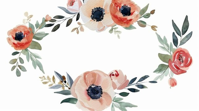 A watercolor vintage flowers wreath with hand painted roses, ranunculus, anemones, leaves and floral elements. Modern graphics.