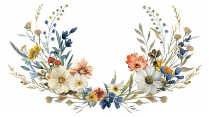 A boho wedding invitation decorated with wildflowers. Modern vintage illustration.