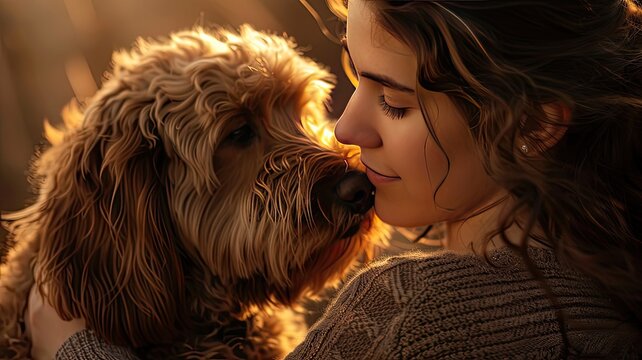 a woman cuddling her Labradoodle, showcasing the deep connection and affection between them in a realistic portrayal.