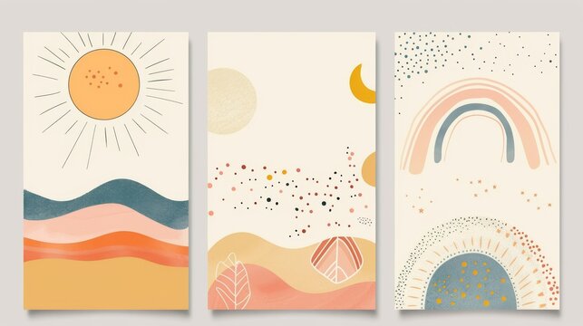 A set of three abstract pop art aesthetic backgrounds featuring sun lights, stars, Boho rainbows, waves, dots, and thin lines. A trendy, colorful illustration for social media or wedding design.