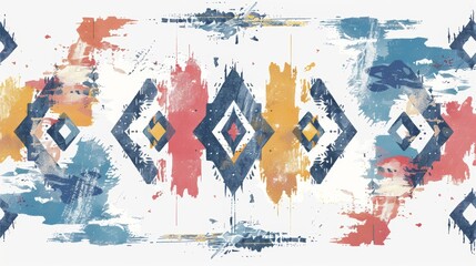 Tribal seamless navajo pattern in multicolor with grunge texture. Aztec abstract geometric art print. Ethnic hipster modern background. Wallpaper, dress, cloth, fabric, tissue, textile template. - obrazy, fototapety, plakaty