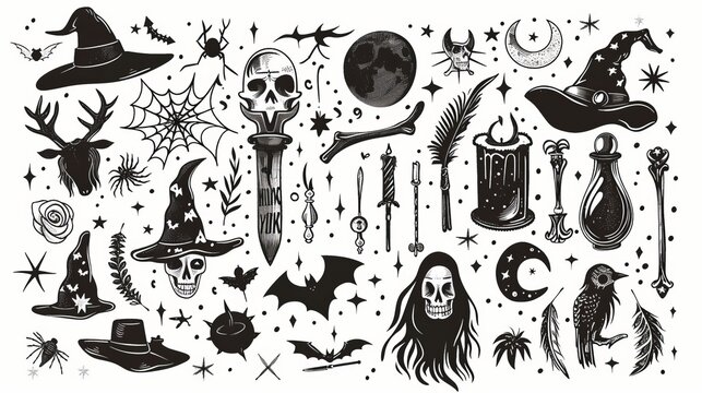Hand drawn, sketch magician set. Witchcraft symbols. Perfect for tattoos, textile, cards, mystery books and more.