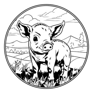 recommend clip art: Pig in the meadow. Black and white vector illustration.