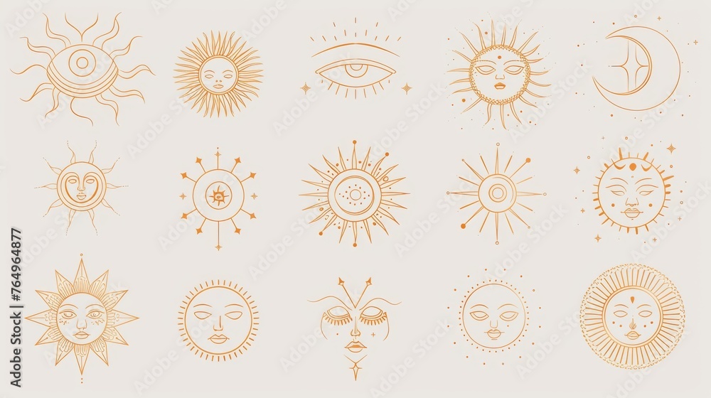 Poster set of linear boho icons and symbols - sun logo design templates and prints - abstract design elemen