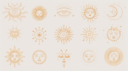 Set of linear boho icons and symbols - sun logo design templates and prints - abstract design elements for decoration in modern minimalist style