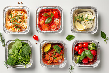 Top view collection of take away foil boxes with healthy food. Generative AI.