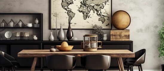 A simple dining area featuring a wooden table and chairs set against a neutral background, creating a cozy and inviting space