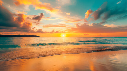 a tropical beach panorama, emphasizing the vast horizon where the sky meets the sea.