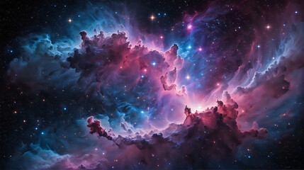 A vivid and expansive nebula with swirls of blue and pink clouds against the backdrop of a starry space - obrazy, fototapety, plakaty