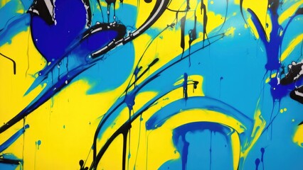 Colorful street art graffiti background. Cyan, blue, yellow colors. Abstract wall surface with colorful drips, flows, streaks of paint and paint sprays