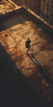Mobile vertical wallpaper photograph of man silhouette playing soccer In a city rooftop. . Story post.