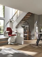 A sleek stairlift chair at the bottom of a wooden staircase in a well-lit, modern home