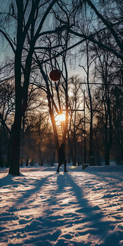 Mobile vertical wallpaper photograph of man silhouette playing basketball on a snowy park in winter. Sunshine. Story post.