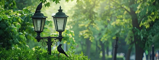  two black forged metal street lamps in a city park, accentuated by lush greenery and the presence of a bird nearby, evoking a sense of tranquility. © lililia