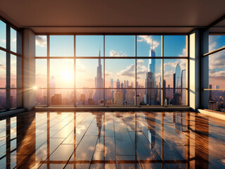 Modern room with reflective floor and sunset city view through floor-to-ceiling windows. Luxury concept. Generative AI