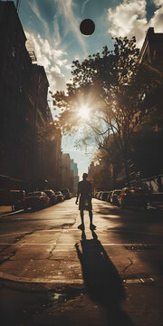 Mobile vertical wallpaper photograph of man silhouette playing basketball on the street. . Story post.