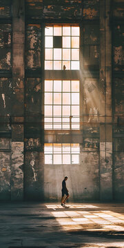 Mobile vertical wallpaper photograph of man silhouette playing soccer in a big concrete abandoned wearhouse. . Story post.