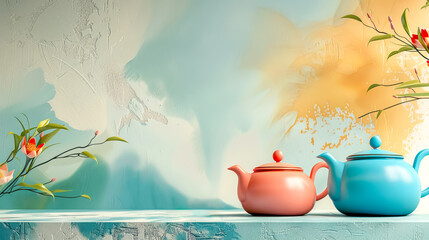 Pastel teapots on modern artistic background
