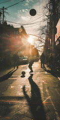 Mobile vertical wallpaper photograph of man silhouette playing soccer on the street. . Story post.