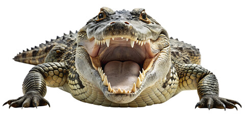 aggressive crocodile with open mouth and grungy skin and sinister look
