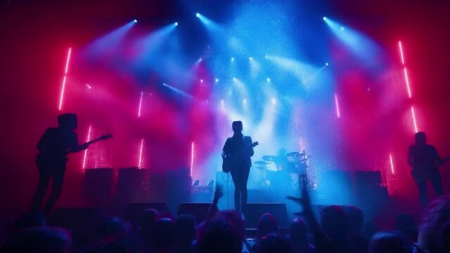 A band is performing on stage in front of a crowd. The stage is lit up with red and blue lights, creating a vibrant and energetic atmosphere. The band members are playing their instruments 4K motion