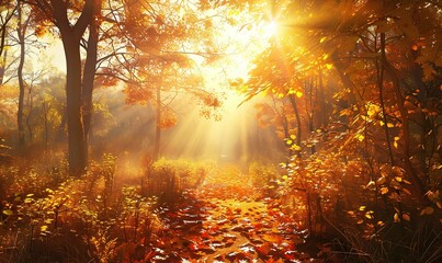 Fototapeta na wymiar Autumn background with bright orange falling leaves, bokeh light and copy space