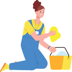 Woman with sponge and bucket foam. Professional cleaner