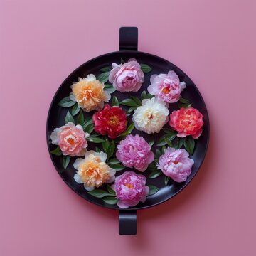 A captivating dark-themed image showcasing a bouquet of pastel peonies in a dark frying pan on a pink canvas