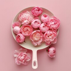 An enchanting image of pink peonies and roses arranged neatly in a white skillet against a soft pink background