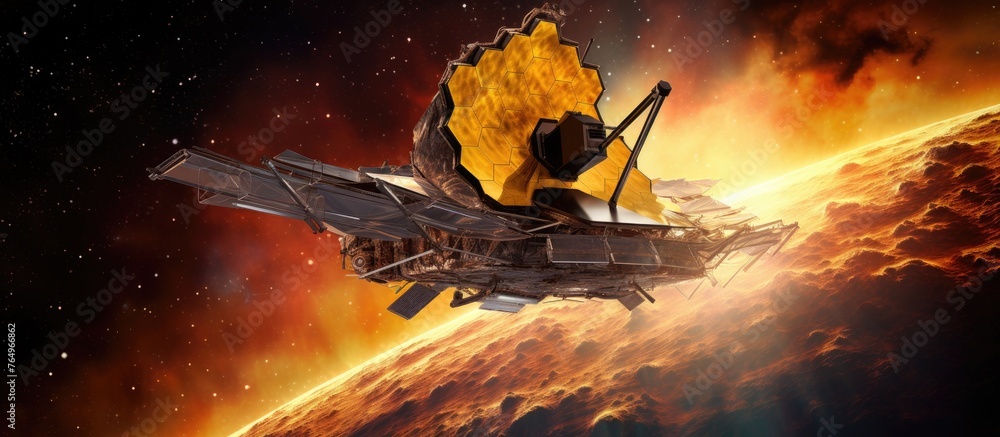 Poster a futuristic space station floating in the sky above a desolate alien planet with eerie colors and a