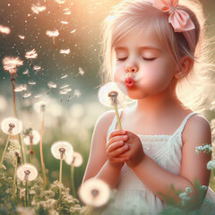 Cute little girl blowing dandelion seeds on summer meadow