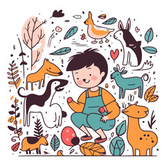 Cute little boy and animals in the forest.