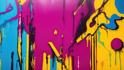 Colorful street art graffiti background. Maroon, blue, yellow colors. Abstract wall surface with colorful drips, flows, streaks of paint and paint sprays