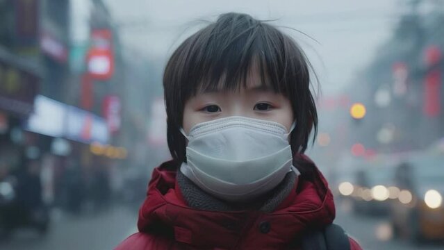 A young girl wearing a mask is standing on a street. The scene is blurry and hazy, giving the impression of a smoggy day. The girl's face is the main focus of the image 4K motion
