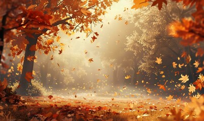 Autumn background with bright orange falling leaves, bokeh light and copy space