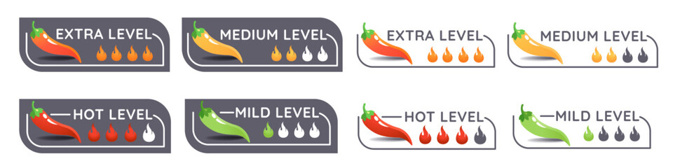 Chili pepper spicy level icon, mild, medium hot and hell level.