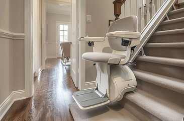 Home stairlift at the foot of the stairs, combining safety with luxury in a domestic environment