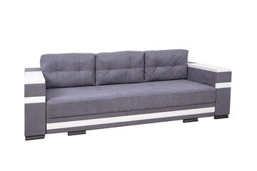 Gray velor sofa isolated on a white background. Cushioned furniture.
