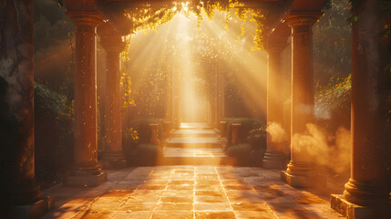An archway with columns on a stone walkway. The sun is shining through the archway.