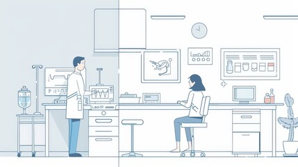 An examination of a patient is taking place in a hospital laboratory. Design style flat and minimal modern illustration.