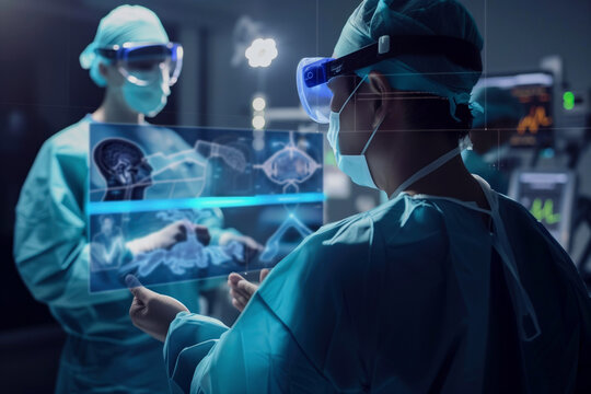A neurosurgeon in blue scrubs using holographic technology to study the brain in an OR setting