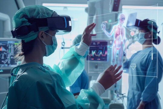 A focused surgeon explores human anatomy using a virtual interface in a medical surgery room