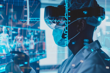 A healthcare professional in a modern medical lab uses a VR interface to analyze complex patient data and diagnostics
