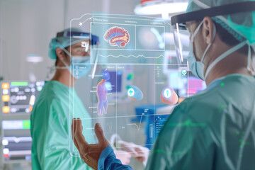 A team of surgeons in a modern operating room leverages advanced VR technology for precision during complex surgeries