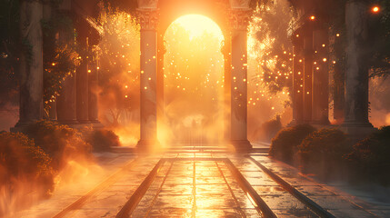An archway with columns on a stone walkway. The sun is shining through the archway.