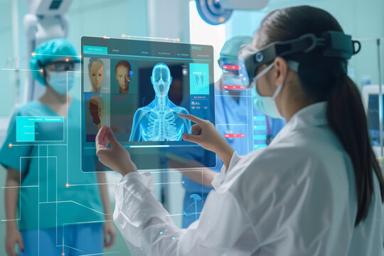 A female medical professional is manipulating a holographic display showing human anatomy in a high-tech environment - Powered by Adobe